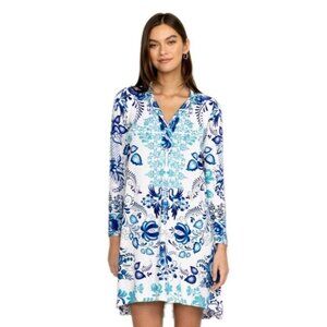 Johnny Was Women White & Blue Tunic Top Bamboo Print Farrow Polo Swing Dress  XL